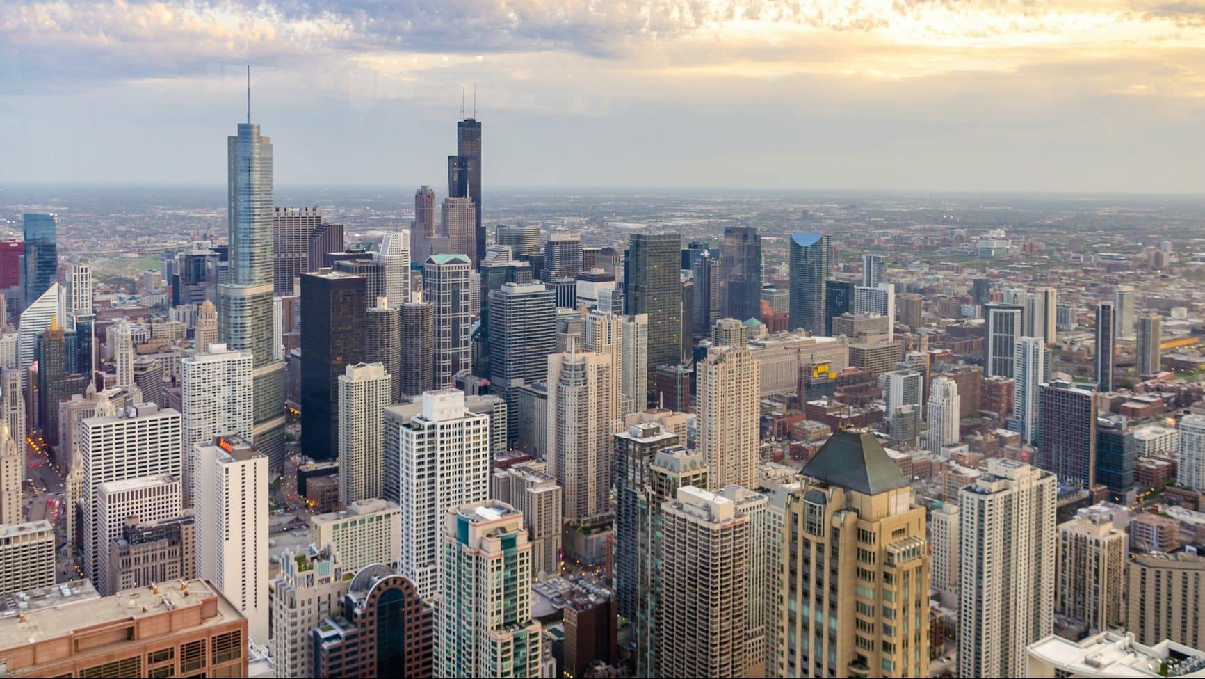 Top view of chicago skyline during sunset