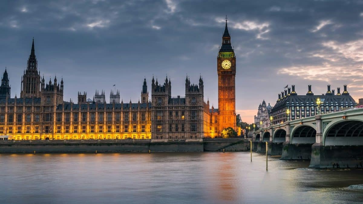 Westminster abbey and big ben in the London skyline at night, London, UK