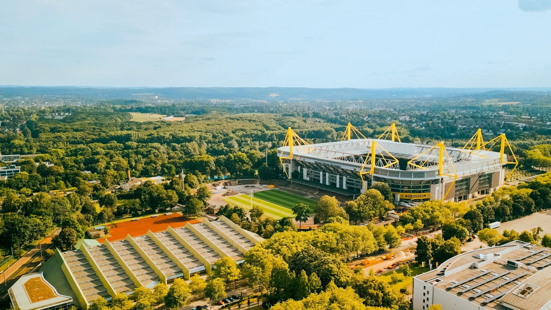 Aerial shot of football stadium BVB Borussia, Signal Iduna Park in Dortmund, Germany.
