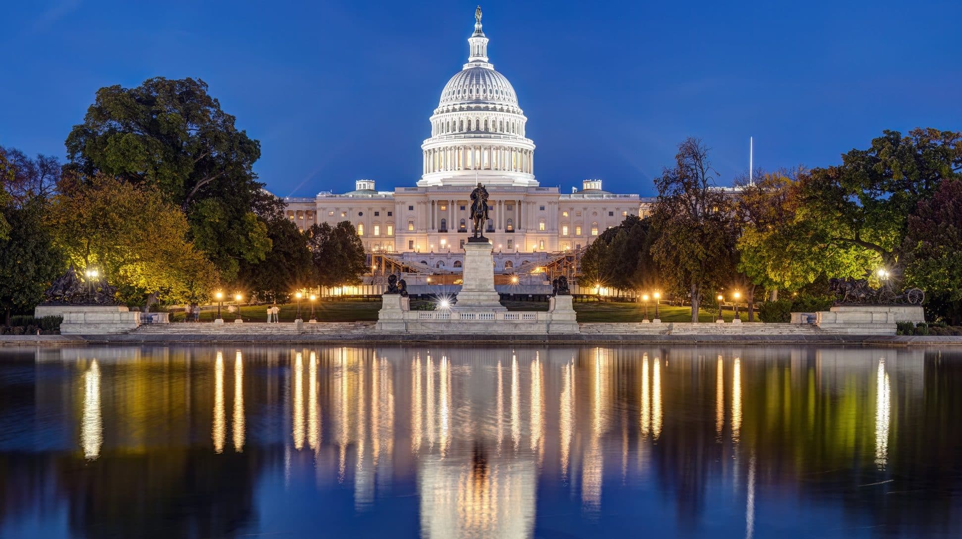 The famous illuminated United States Capitol in Washington DC at night