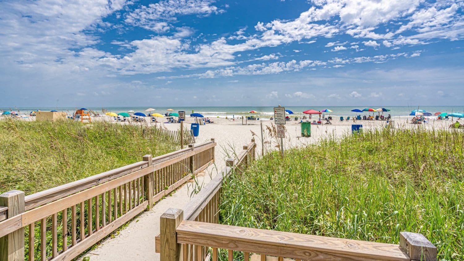 Aerial view of Myrtle Beach, with high buildings on the shoreline